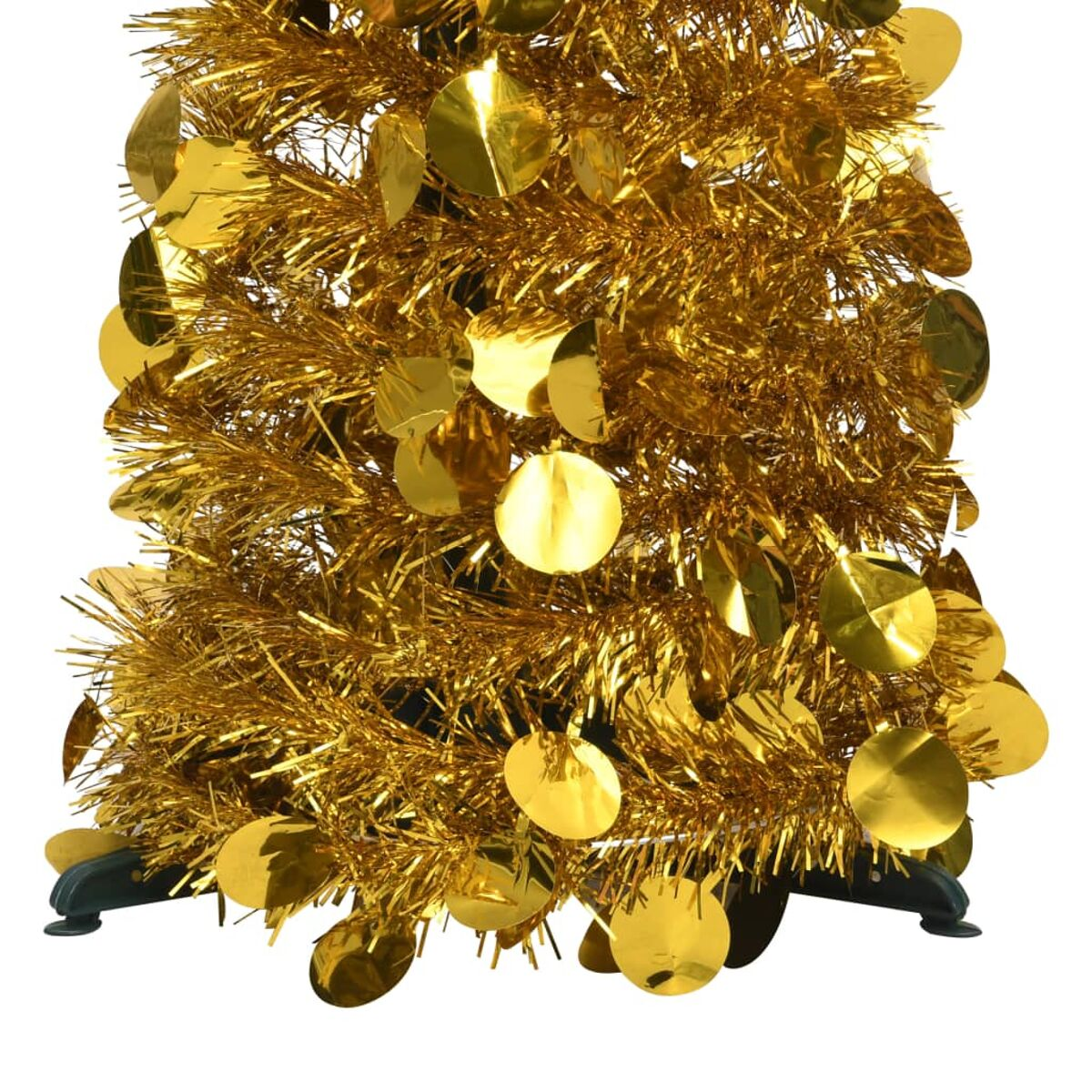 Goldener Lametta-Weihnachtsbaum, verziert mit goldenen Pailletten. Der Sockel ist grün.