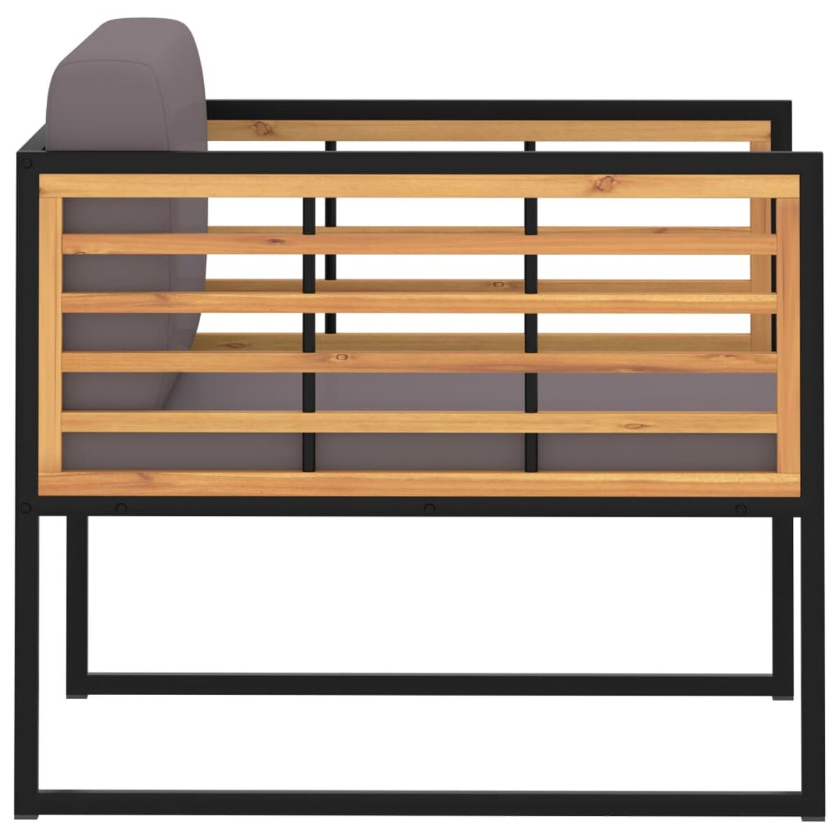 Graues Kissersofa mit Holz- und schwarzem Metallrahmen.