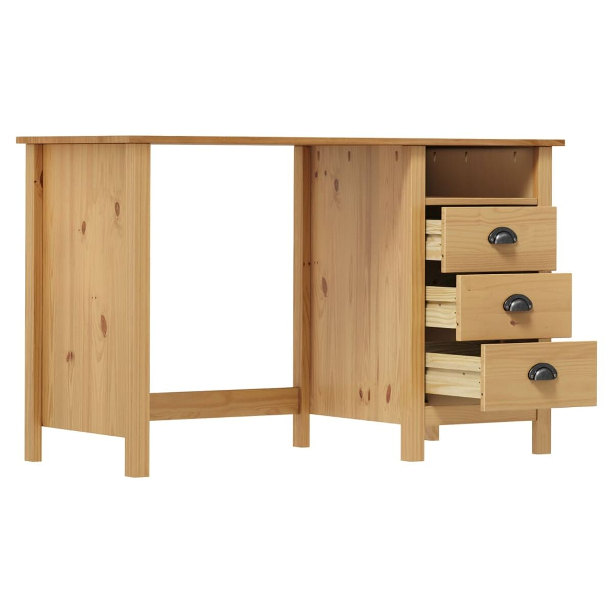 Ein Holzschreibtisch mit Schubladen, isoliert auf Weiß. Schubladen sind geöffnet.
