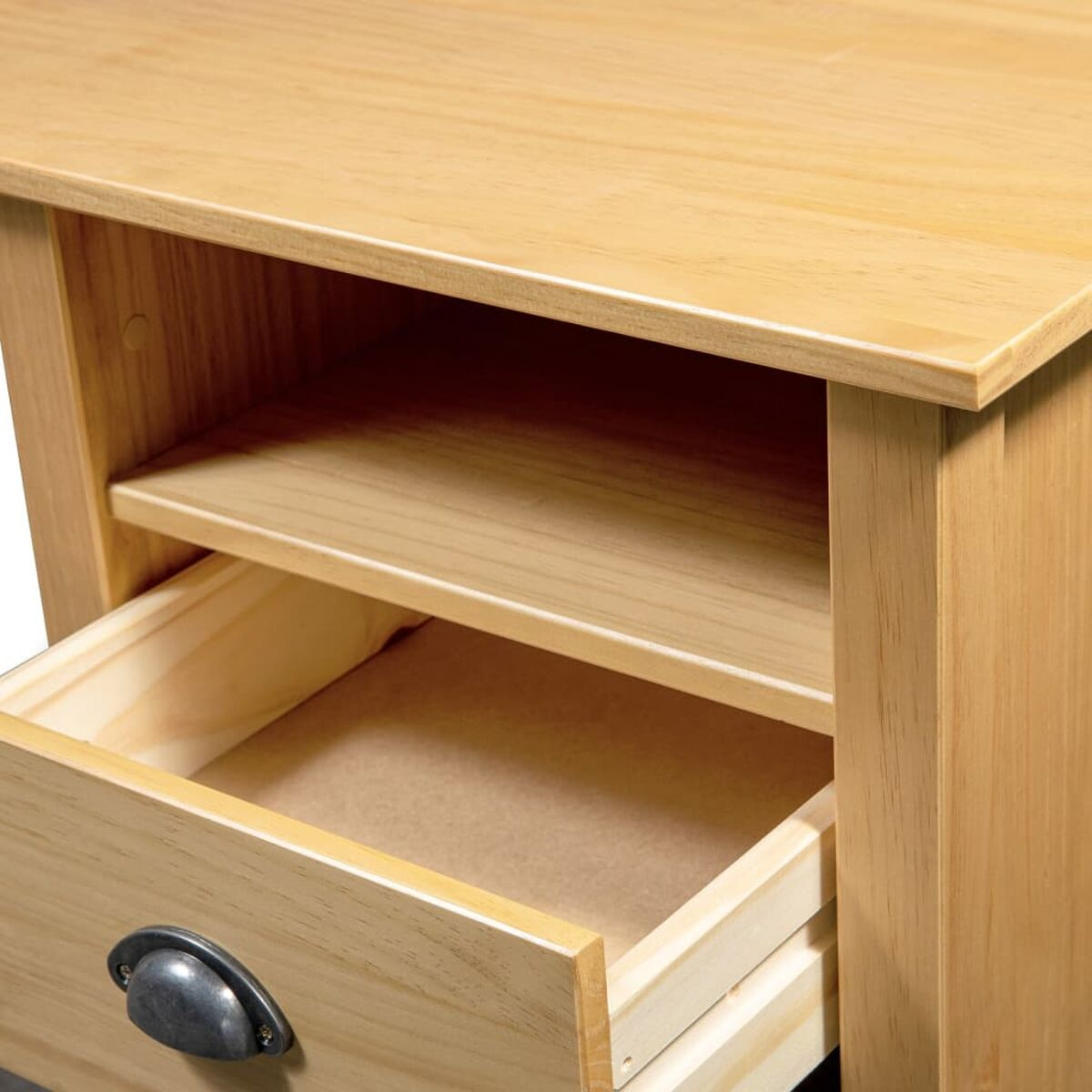 Nachttisch aus Holz mit offener Schublade.