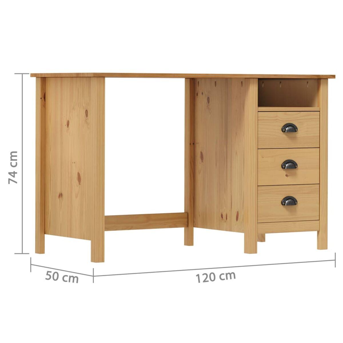 Ein Holzschreibtisch hat drei Schubladen, Maße sind angegeben. Es hat eine hellbraune Farbe.