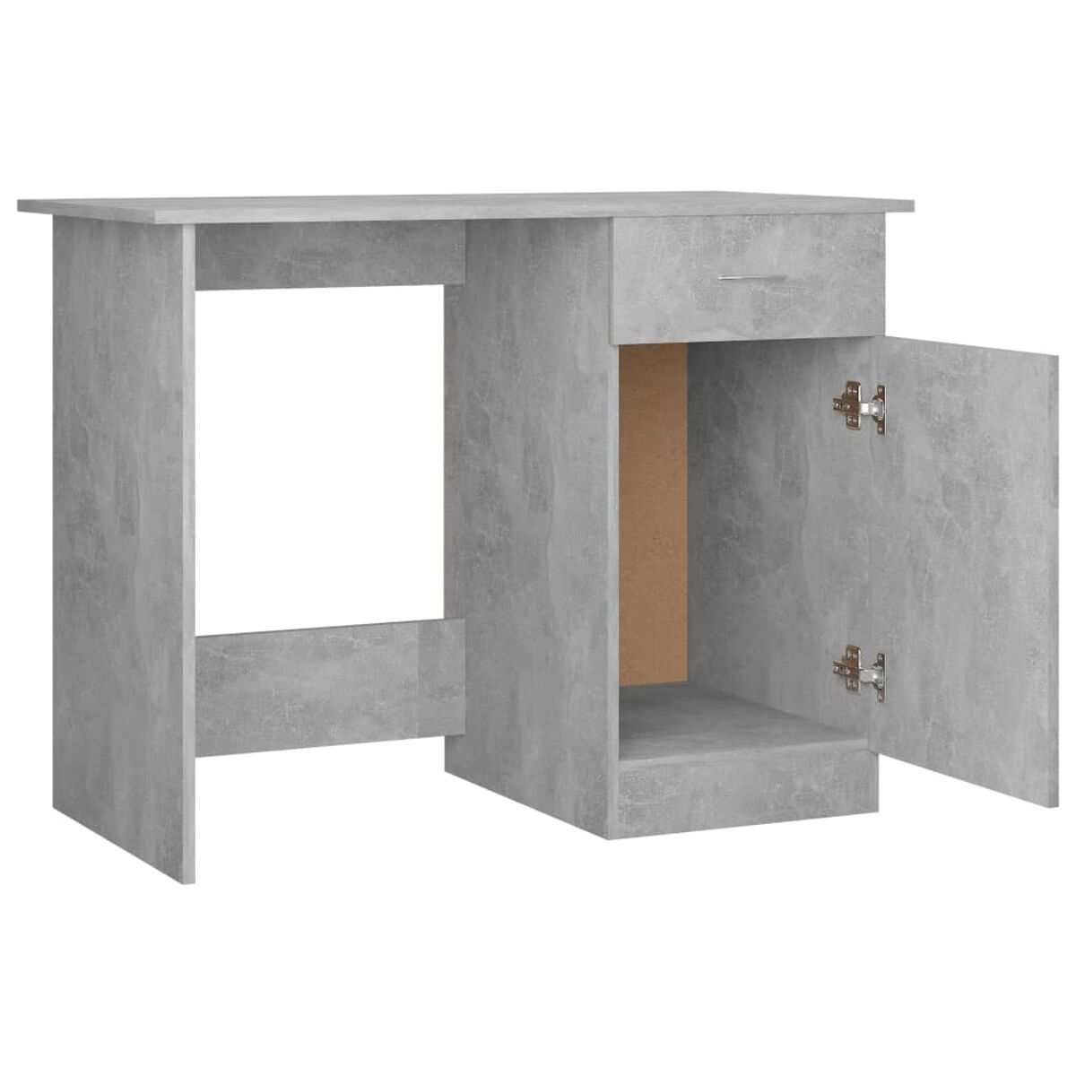 Grauer Schreibtisch mit offenem Schrank und Schublade. Betonstruktur, einfaches Design. Offene Tür.
