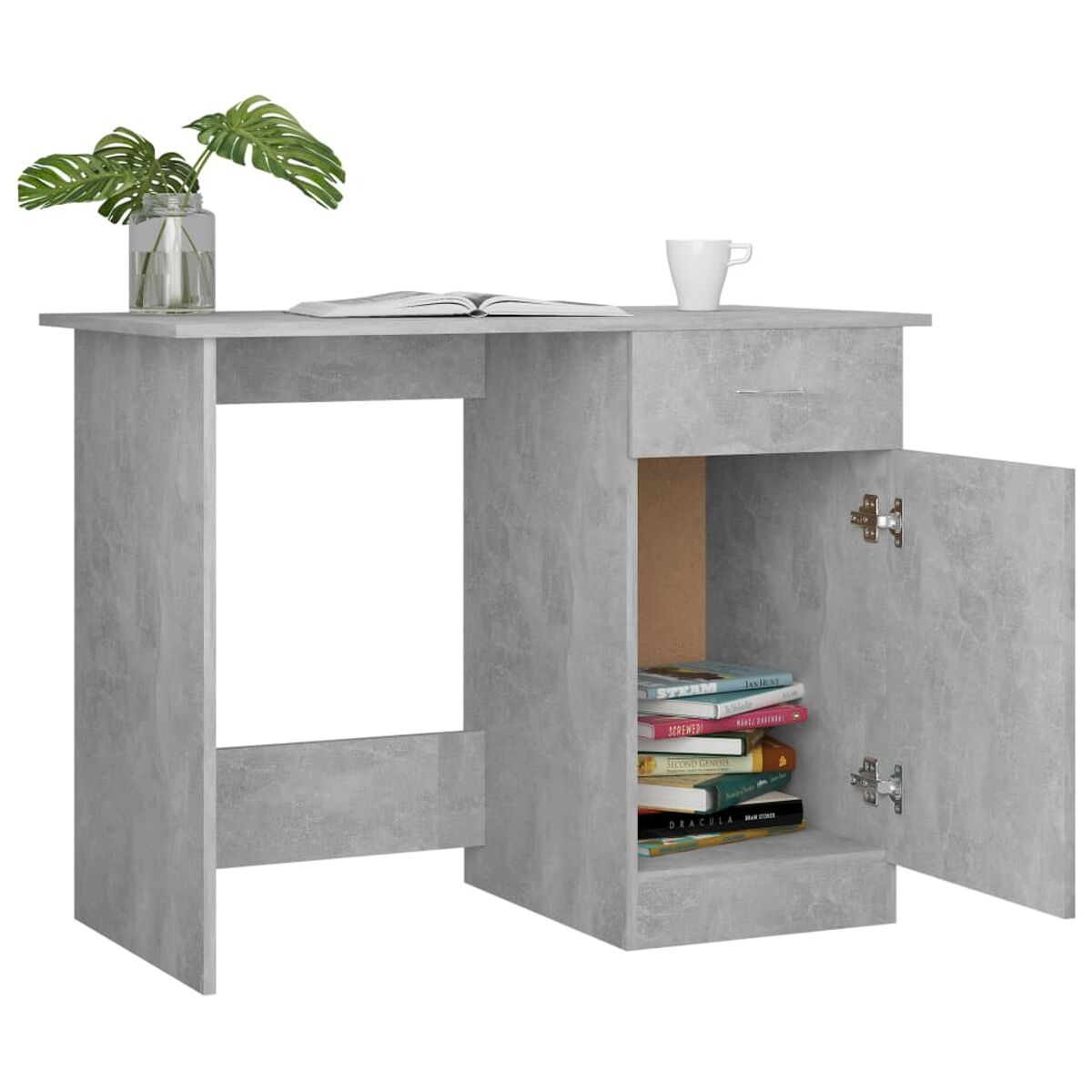 Grauer Schreibtisch mit offenem Fach mit Büchern und einer Schublade, mit Vase und Tasse.