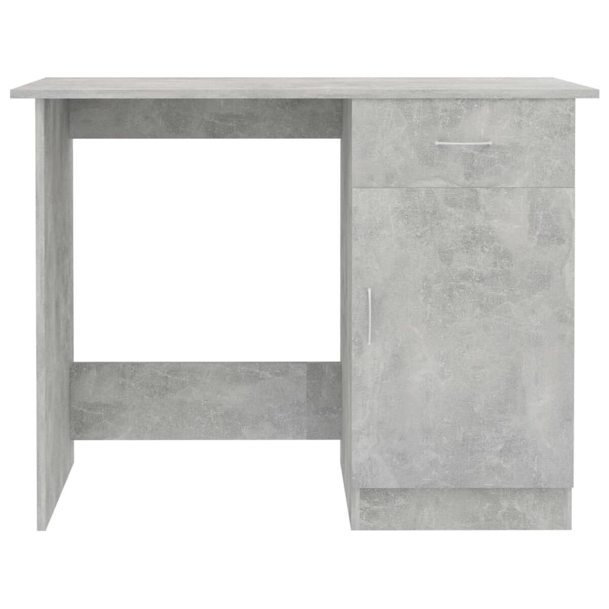 Grauer Schreibtisch mit Schublade und Schrank. Weißer Hintergrund.