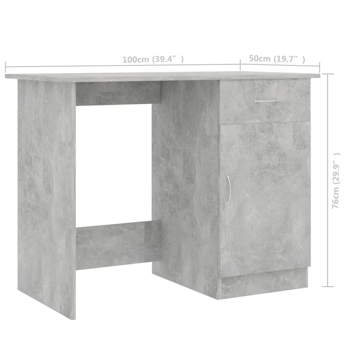 Grauer Schreibtisch mit Maßen. Er hat eine Schublade und eine Tür. Maße sind 100cm (39,4") und 76cm (29,9").