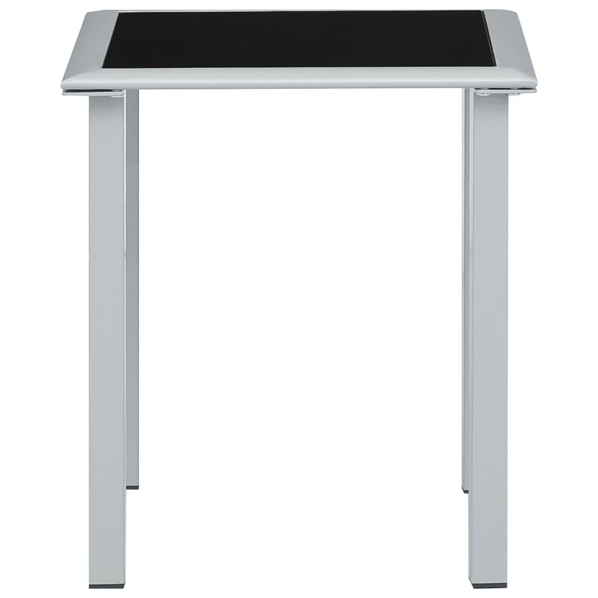 Silberner quadratischer Tisch mit schwarzer Glasplatte.