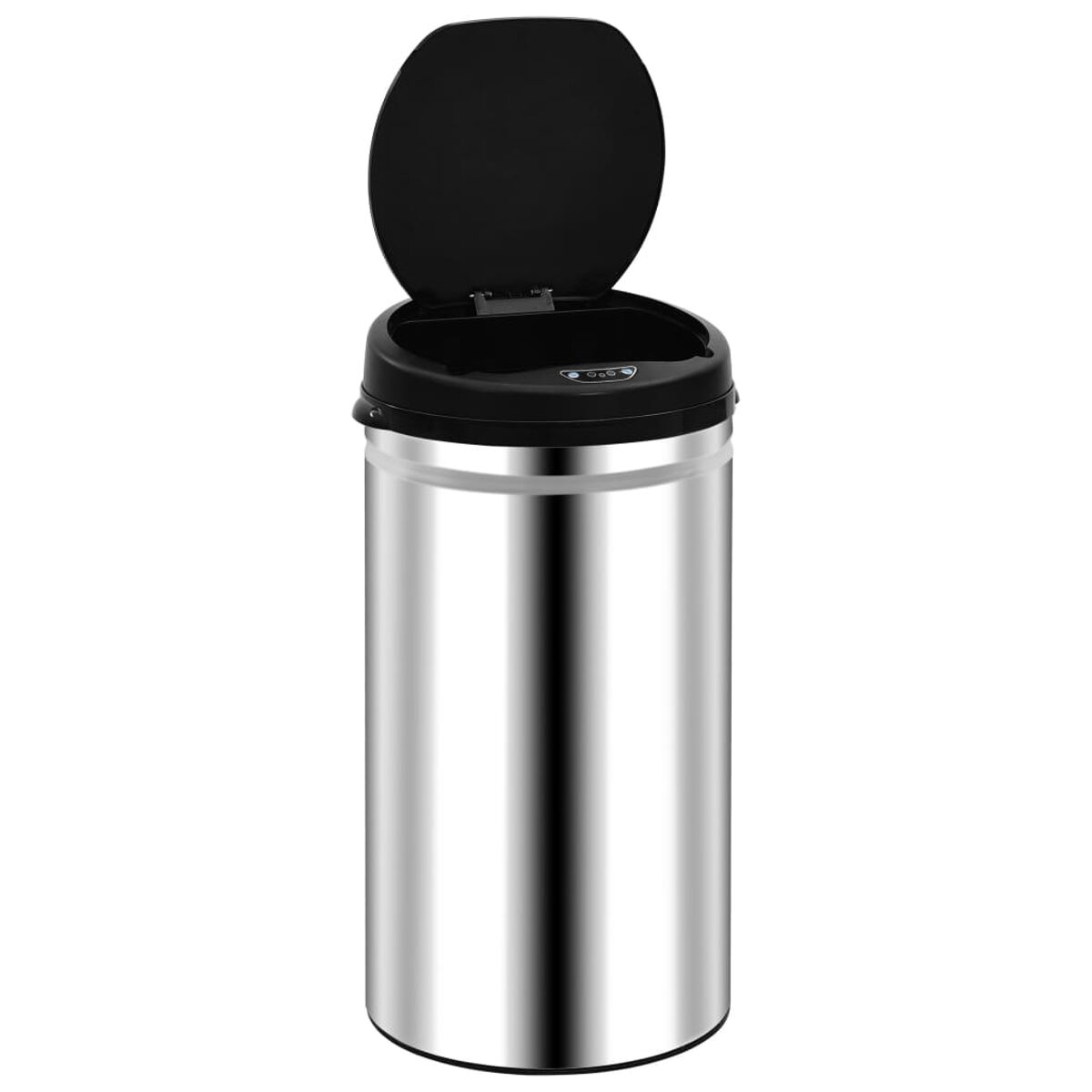 Silberfarbener Mülleimer mit offenem schwarzem Deckel. Modernes Design, glänzende Oberfläche.