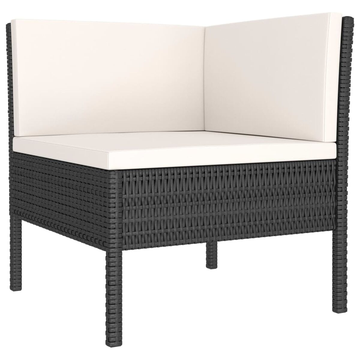 Ein schwarzes Ecksofa mit weißem Kissen vor weißem Hintergrund.