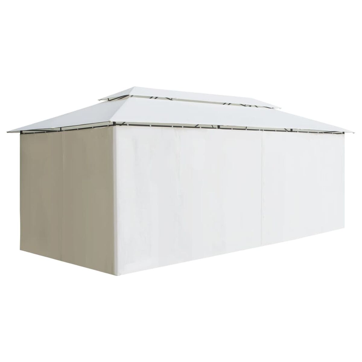 Weißer Pavillon mit beigen Vorhängen. Der Pavillon befindet sich auf weißem Hintergrund.