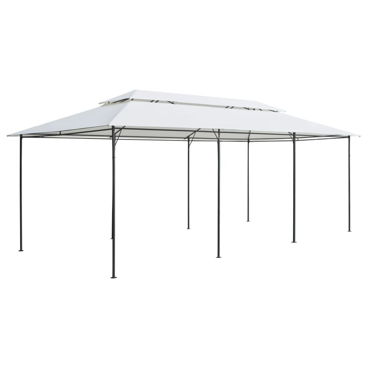 Weißer Outdoor-Pavillon mit schwarzem Rahmen. Zweistöckiges Dach. Grüne und schwarze Pfosten.