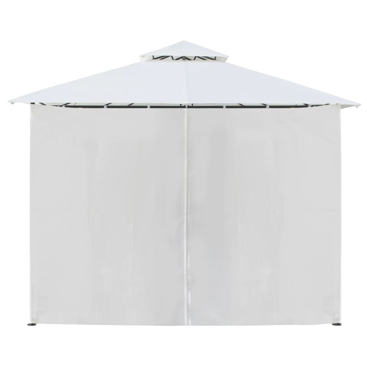 Ein weißer Pavillon mit weißen Vorhängen und einem weißen Dach, vor weißem Hintergrund.