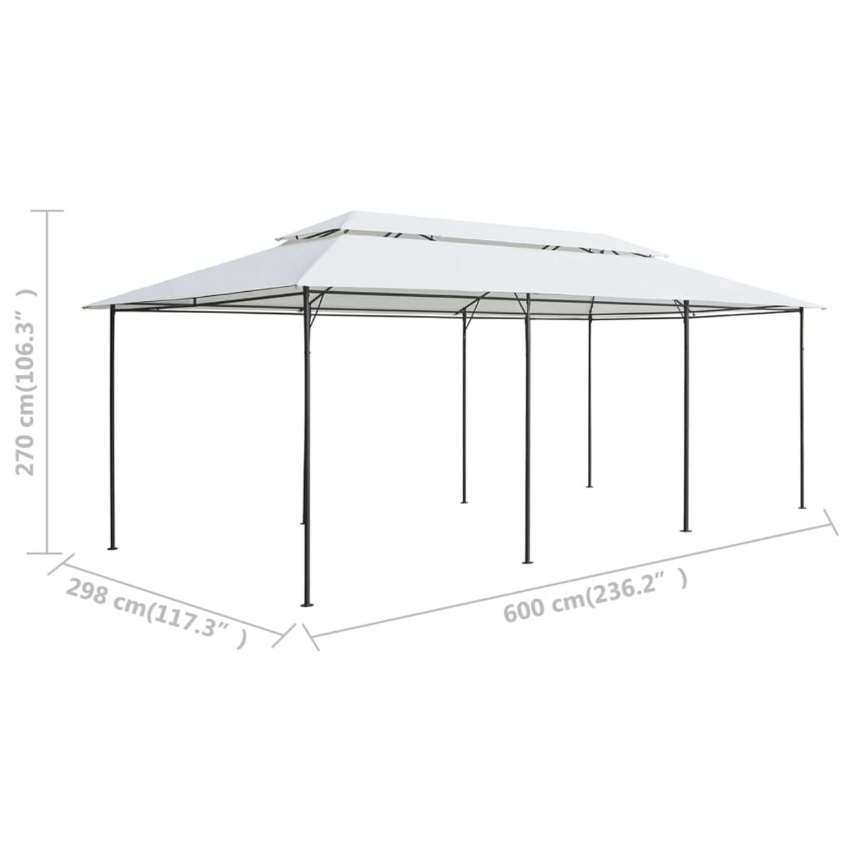 Weißer Pavillon mit Maßen: 270cm x 298cm x 600cm (106,3" x 117,3" x 236,2").