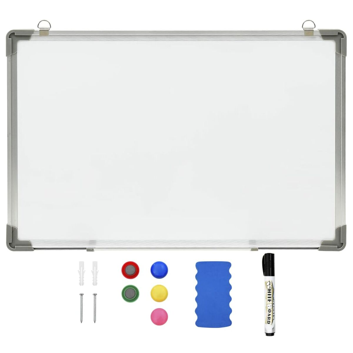 Whiteboard mit Zubehör: Magnete, Radiergummi, Whiteboard-Marker und Befestigungsmaterial.