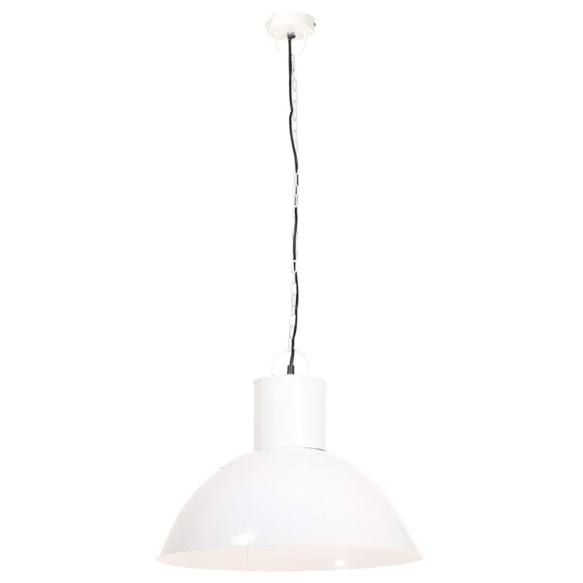 Weiße Pendelleuchte. Weißer Metall-Lampenschirm, an einer Kette hängend. Modernes Design.