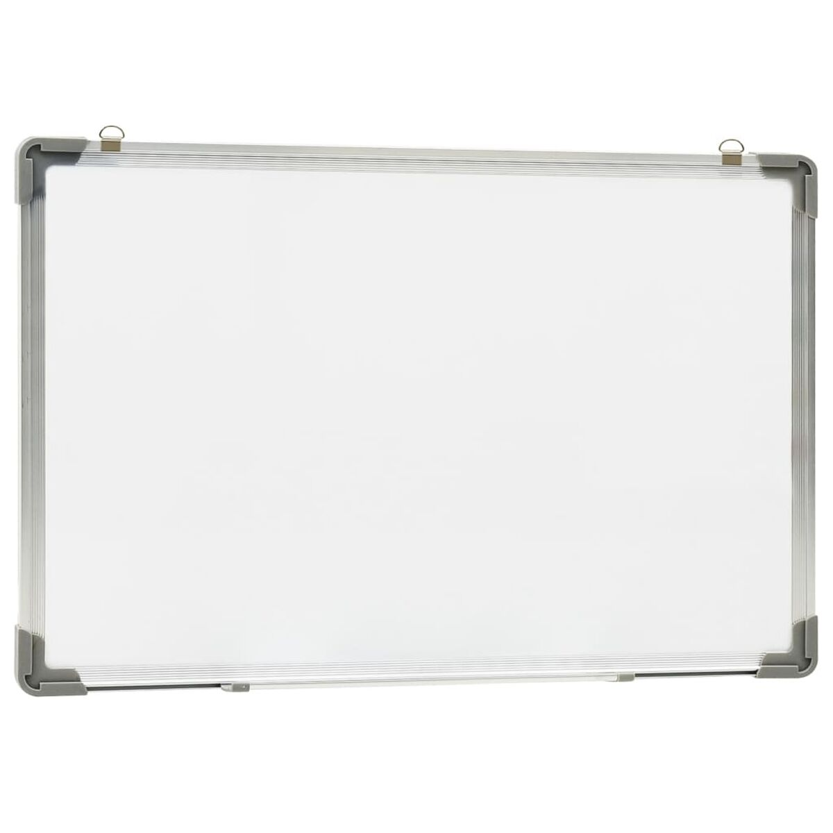 Whiteboard mit silbernem Rahmen. Die Tafel hat graue Ecken und Aufhängehaken.