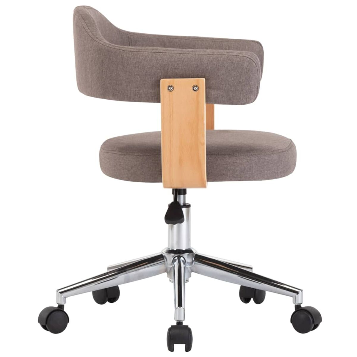 Grauer Bürostuhl, Rückansicht. Er hat einen Holzrücken, einen grauen Sitz und Räder.