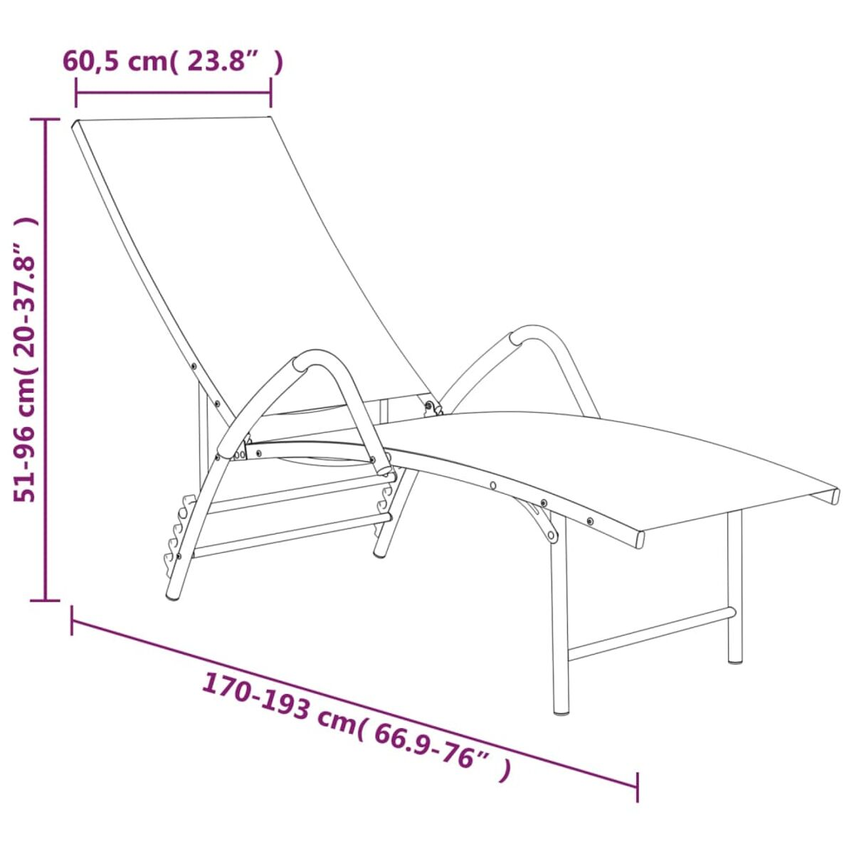Liegestuhl mit Maßen. Weißer Rahmen, verstellbare Rückenlehne und geschwungenes Design.