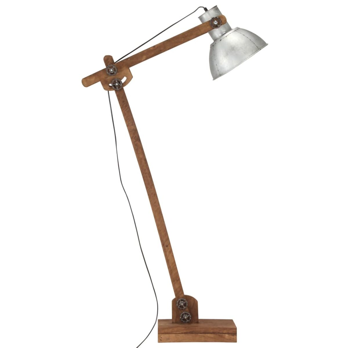 Holz-Stehlampe mit Metall-Lampenschirm. Industrielles Design. Isoliert auf weißem Hintergrund.