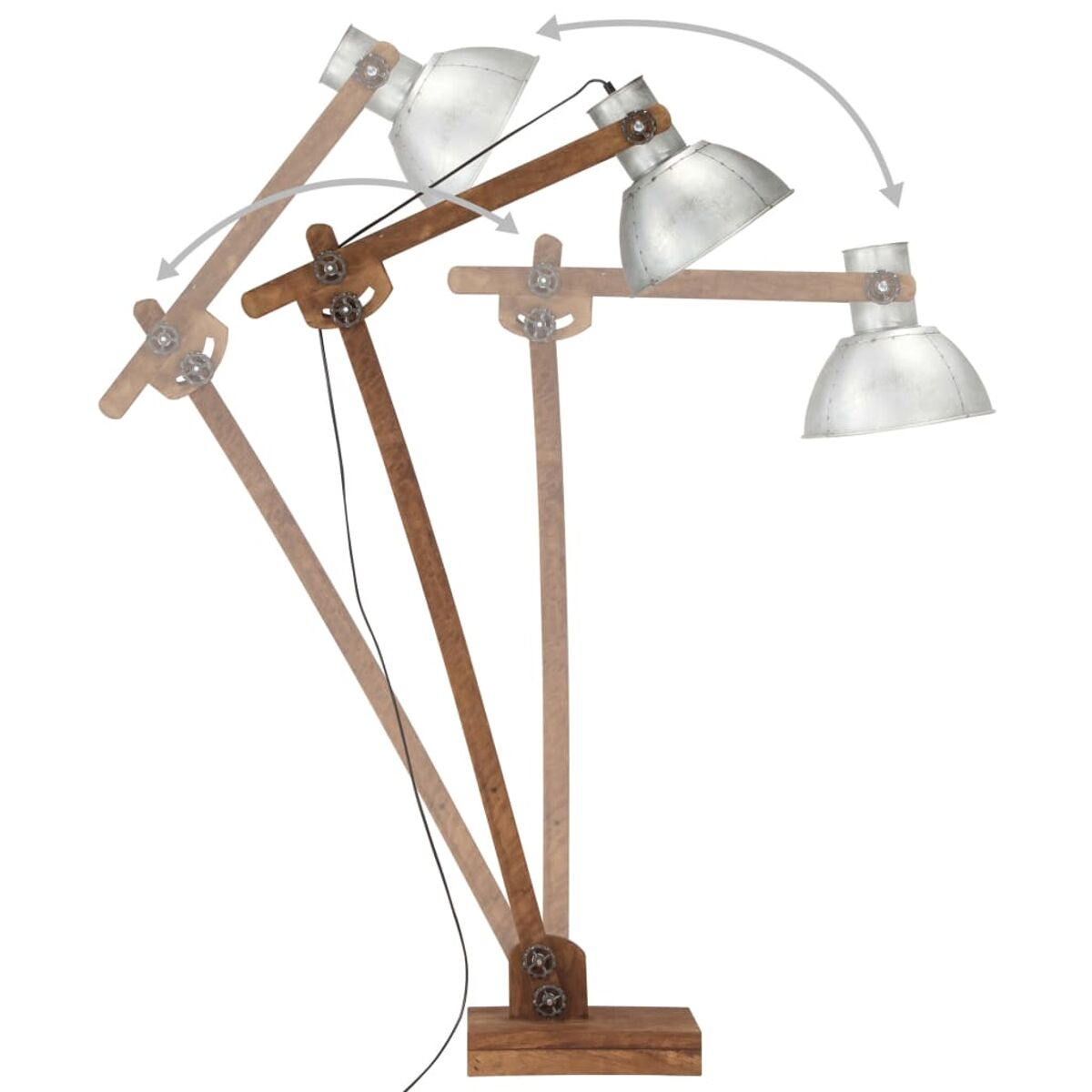 Verstellbare hölzerne Stehlampe mit drei Positionen, silberner Lampenschirm.