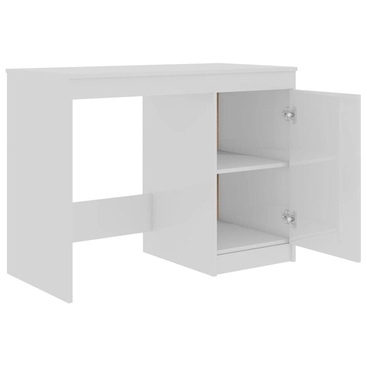 Weißer Schreibtisch mit offenem Schrank, auf weißem Hintergrund.