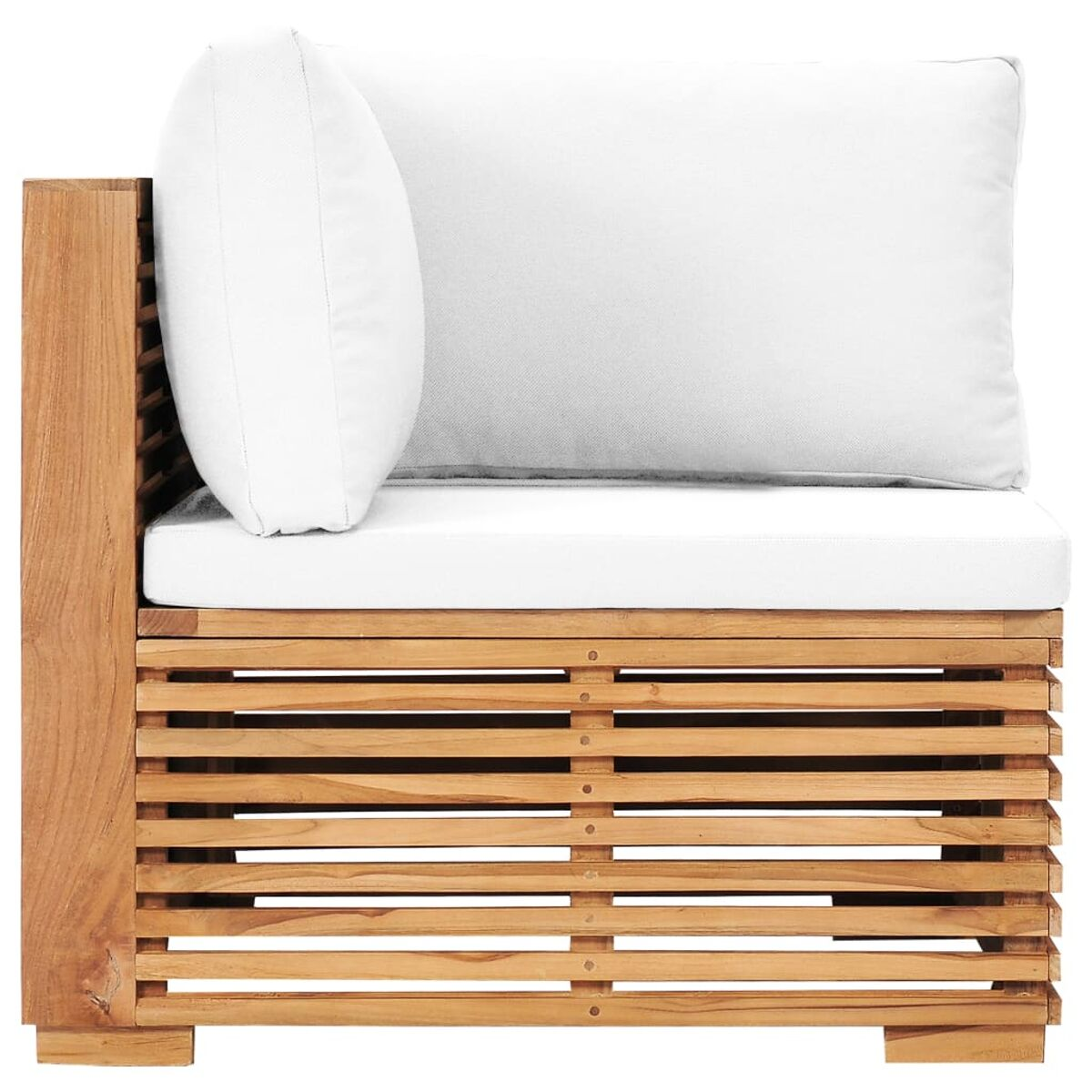 Holz- und weißes Kissen-Outdoor-Sitzmöbel, Seitenansicht.