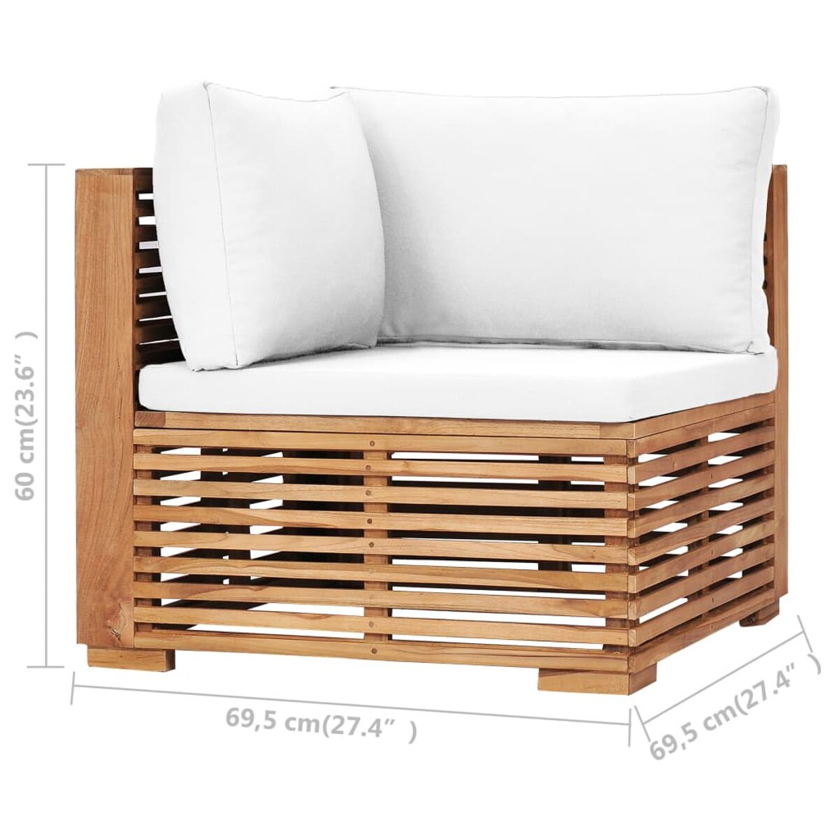 Ecksofa aus Holz mit weißen Kissen, mit markierten Abmessungen.