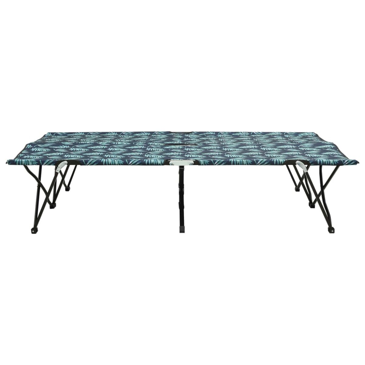 Klappbares Campingbett mit tropischem Blättermuster oben.