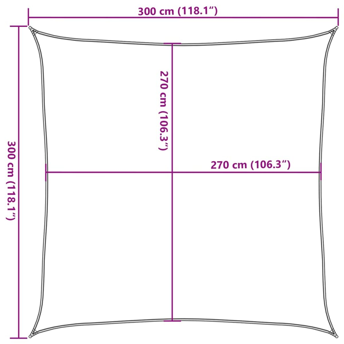 Quadratischer Sonnenschirm. Abmessungen: 300x300 cm (118,1 Zoll) und 270x270 cm (106,3 Zoll).