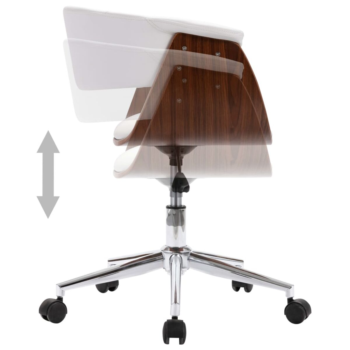 Weißer Bürostuhl, Seitenansicht. Holzrücken, weißer Sitz, Chromfuß und schwarze Räder.