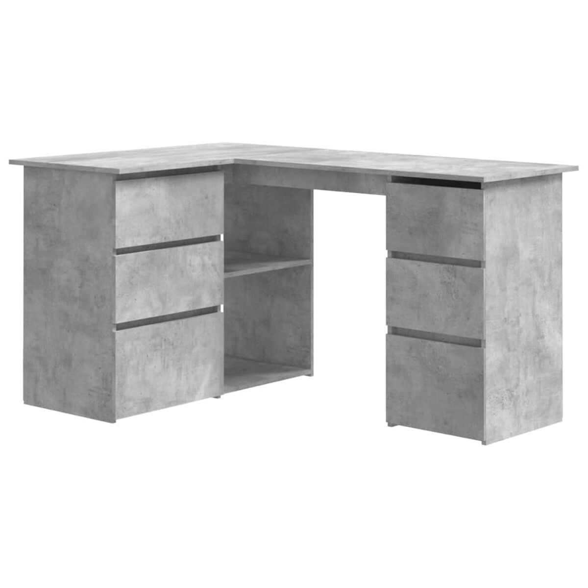 Grauer L-förmiger Schreibtisch mit Schubladen und Regalen. Der Schreibtisch besteht aus einem betonartigen Material. Es gibt Schubladen auf beiden Seiten.