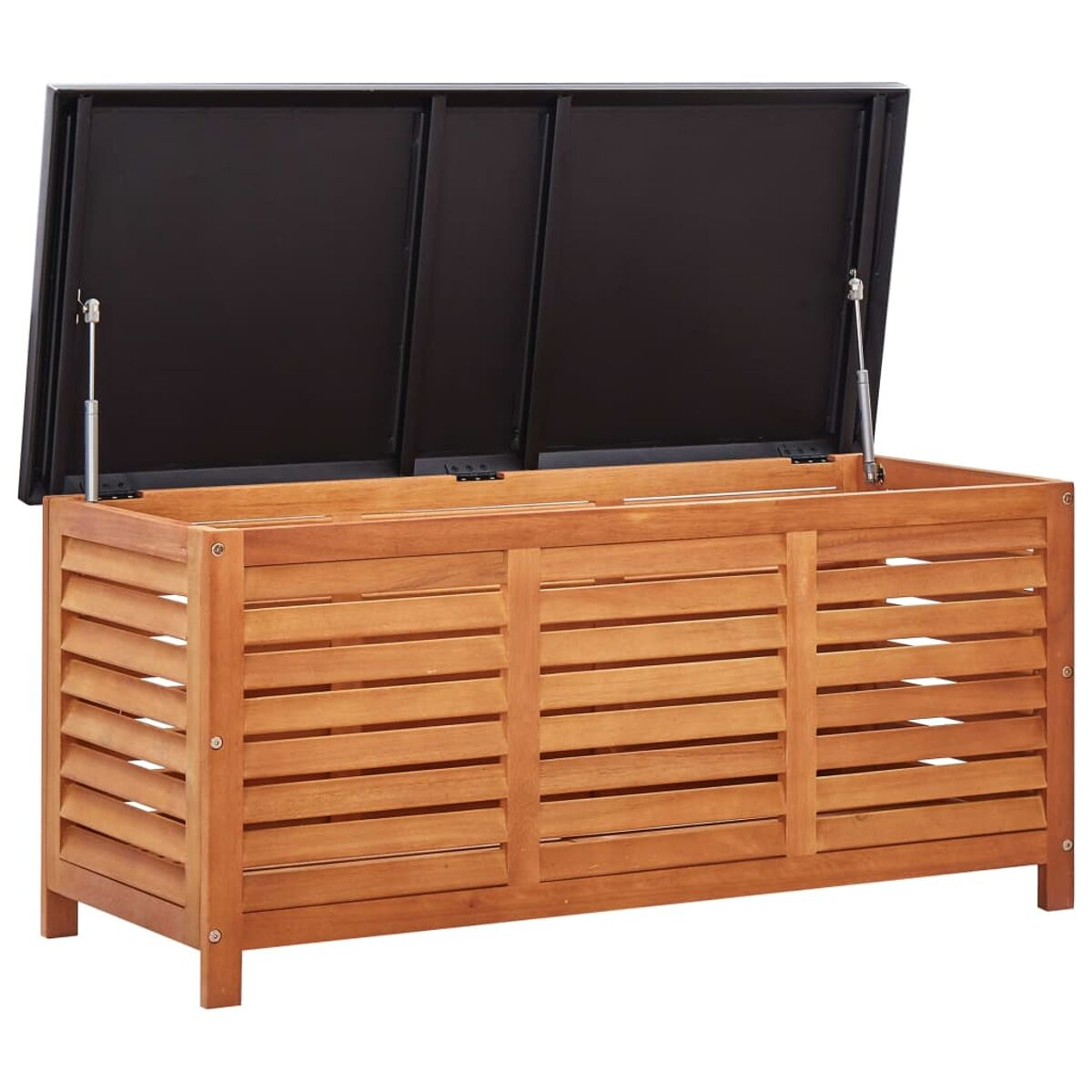 Holz-Outdoor-Aufbewahrungsbox. Braun, Lamellendesign, mit offenem Deckel und schwarzem Innenraum.