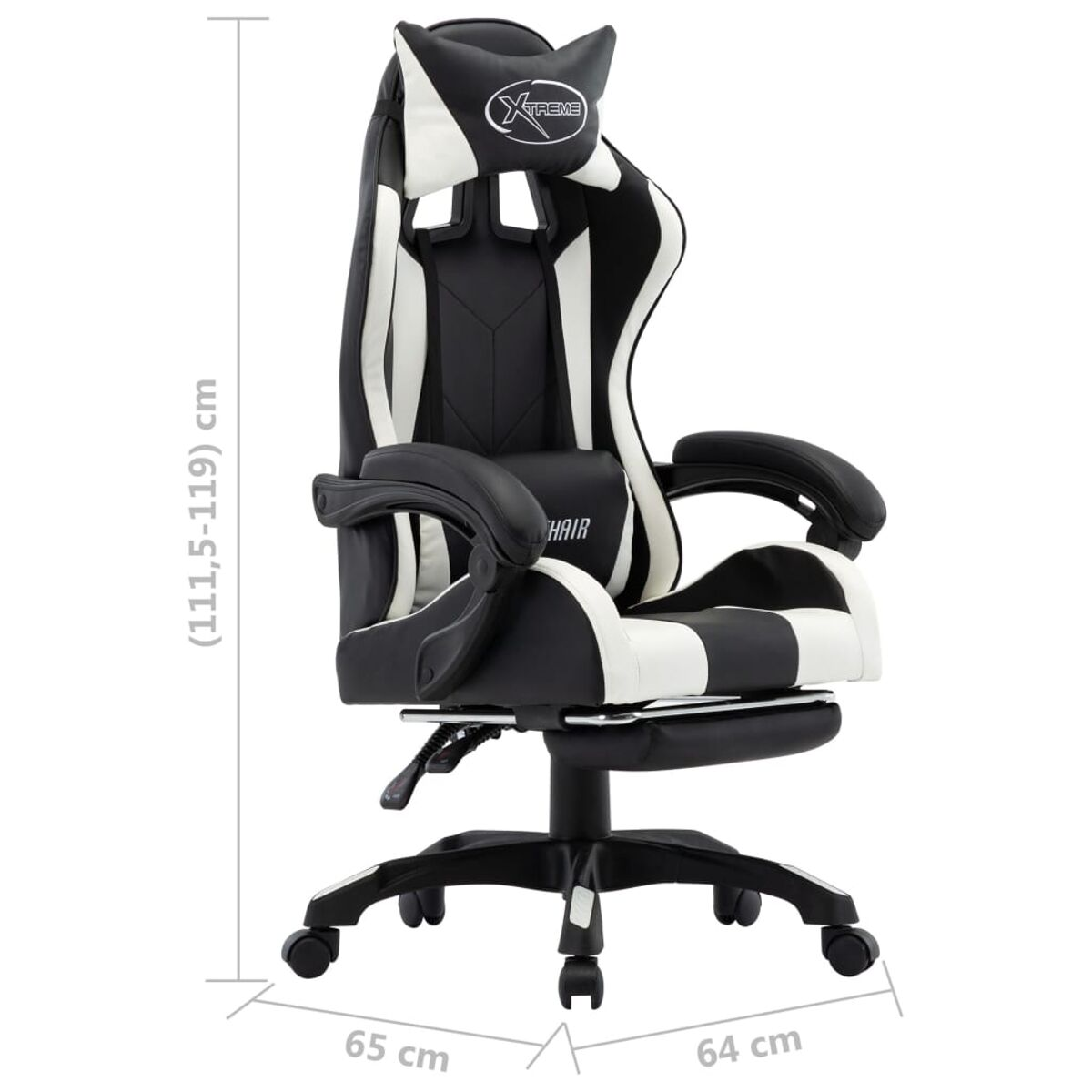 Schwarz-weißer Gaming-Stuhl mit Maßen: 65x64x(111,5-119)cm.