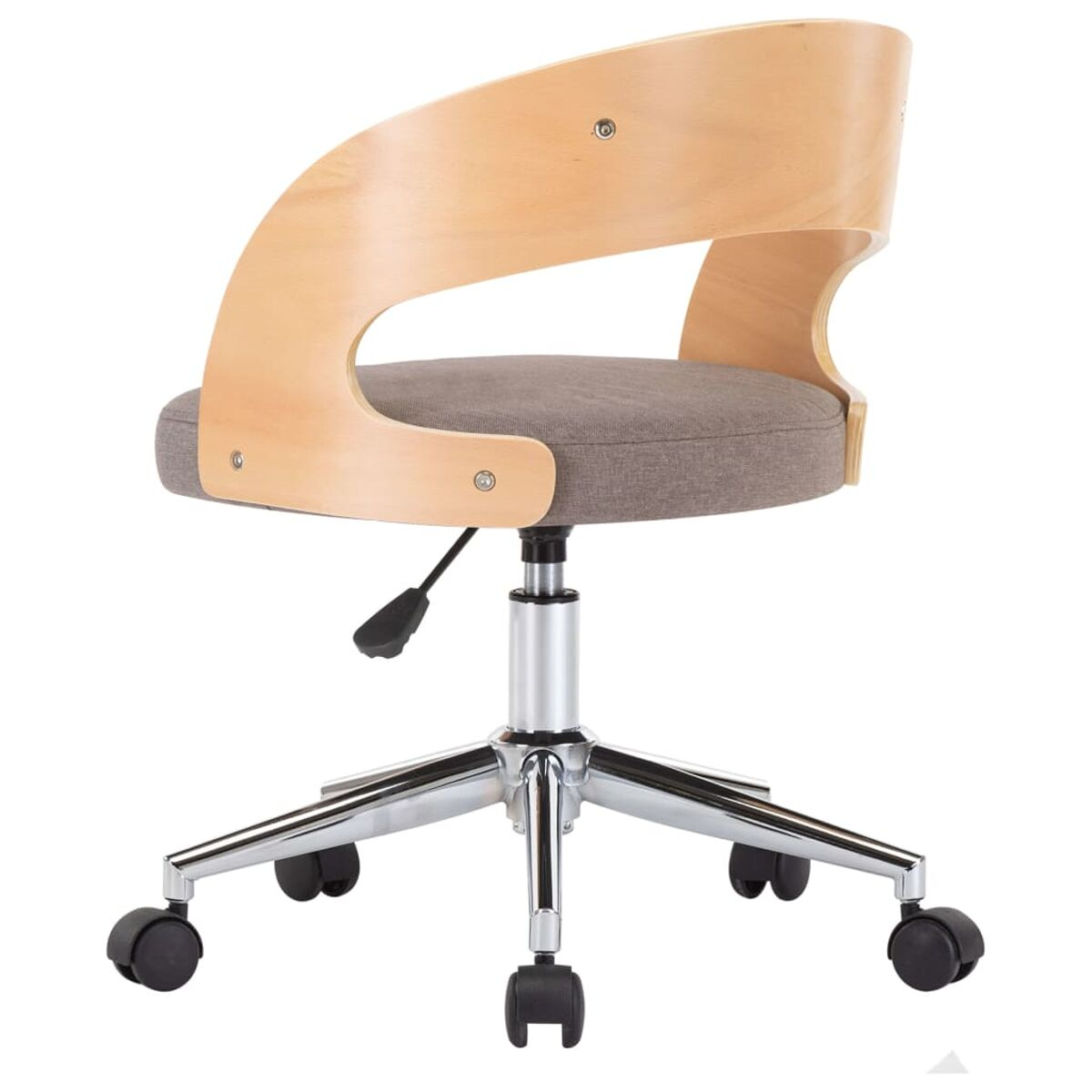 Moderner Bürostuhl, Holzrücken und grauer Sitz, Chromfuß, auf Rollen. Weißer Hintergrund.