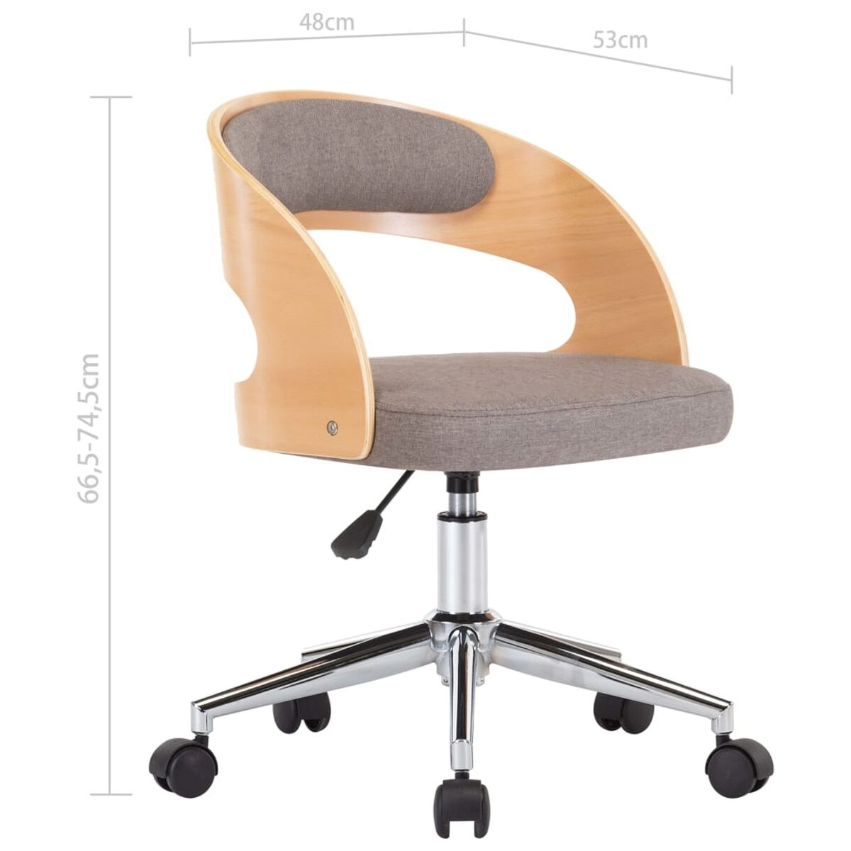 Grauer Bürostuhl mit Holzrücken und grauem Sitz. Abmessungen angegeben.
