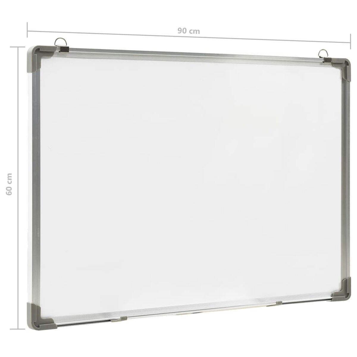 Weiße Whiteboard mit silbernem Rahmen, Abmessungen 90x60 cm, mit Aufhängeringen.