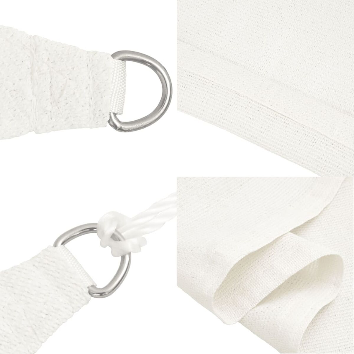 Nahaufnahmen von weißen Sonnensegelstoffdetails, einschließlich D-Ring und Stoffstruktur.