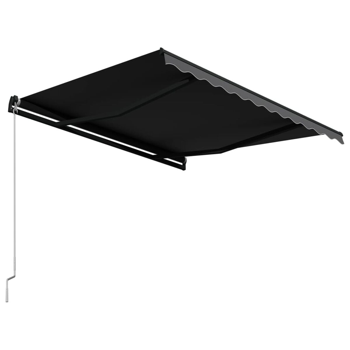 Schwarze ausziehbare Markise, an einer weißen Wand montiert, mit Tragarm und Zugschnur.