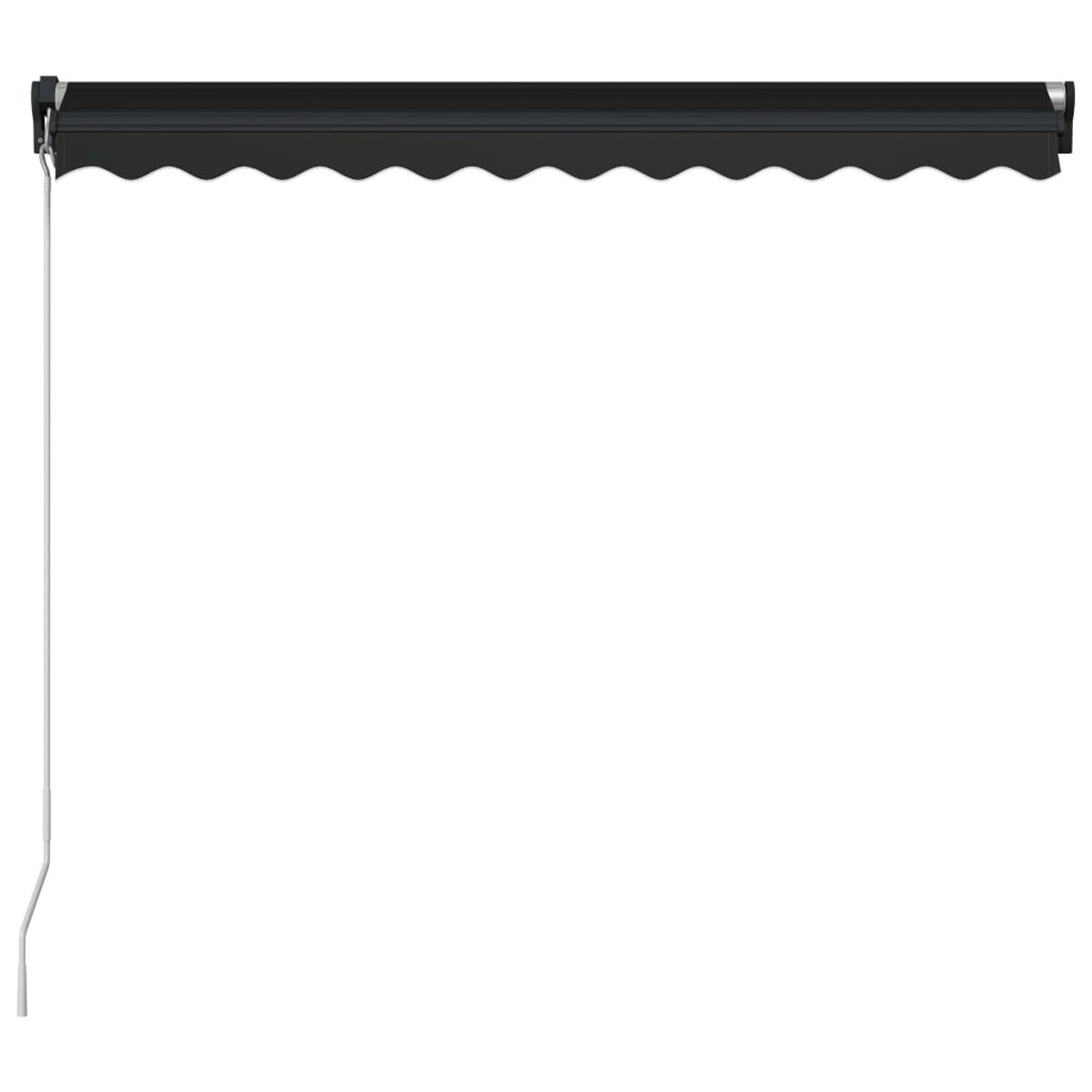 Schwarze Markise mit weißer Wand und weißer Zugschnur links.
