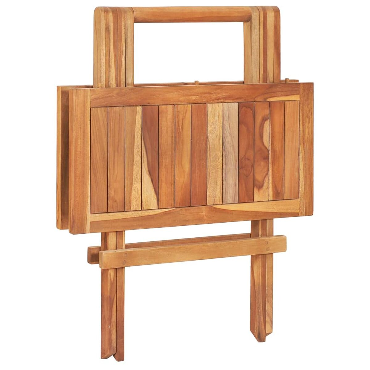 Klapptisch aus Holz, geschlossen. Der Tisch hat einen Griff oben.