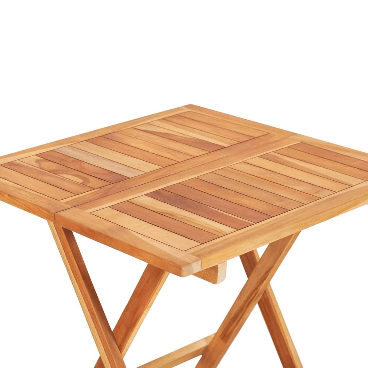 Quadratischer Holztisch mit gekreuztem Bein. Die Oberseite besteht aus Holzlatten.