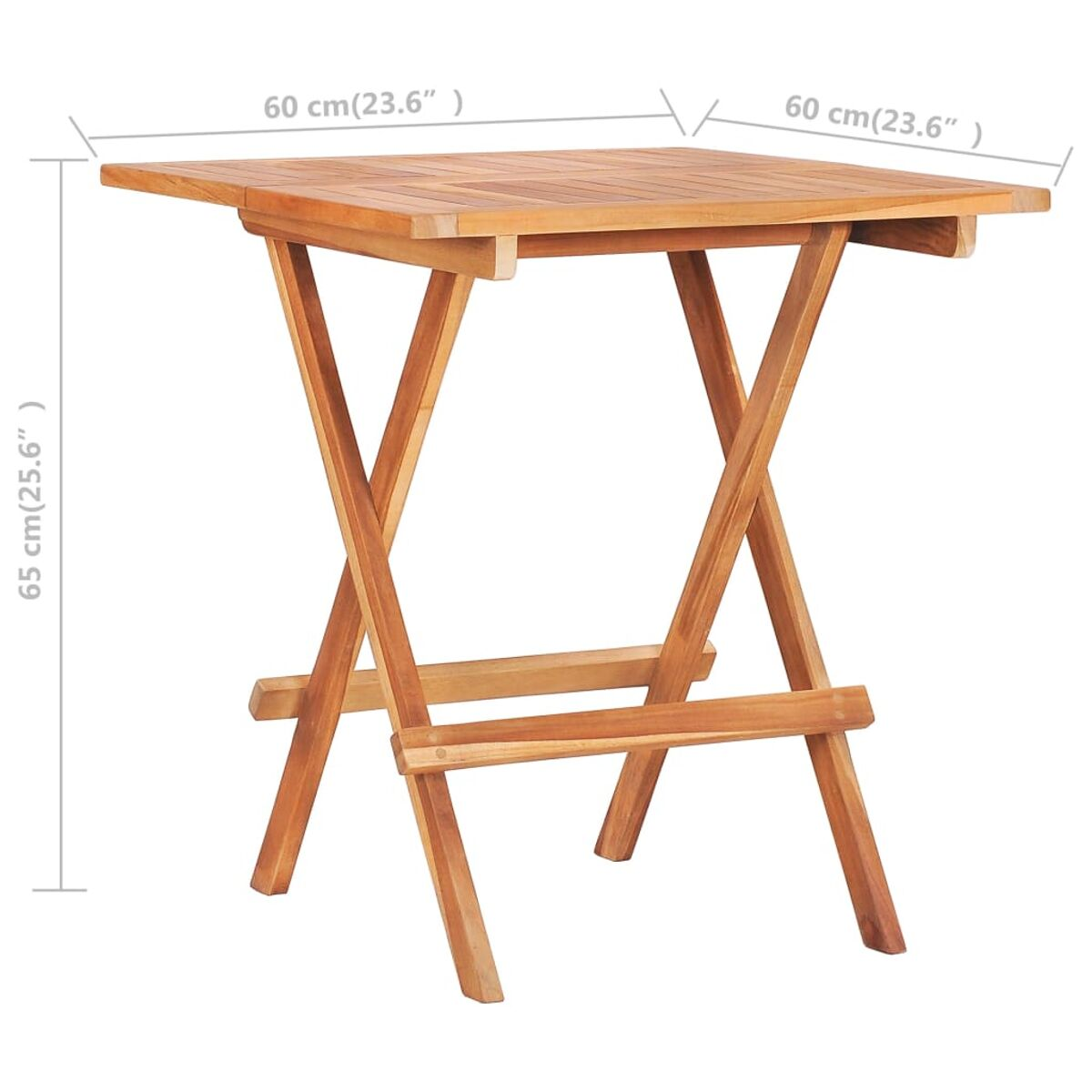 Quadratischer Holztisch mit den Maßen 60 cm und 65 cm.