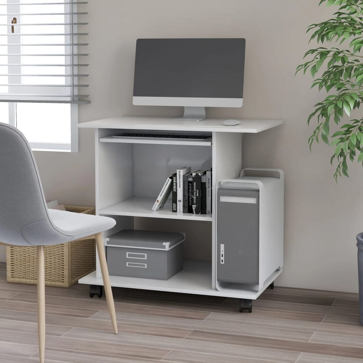 Weißer Computertisch mit Computer, Büchern und Drucker im Inneren.