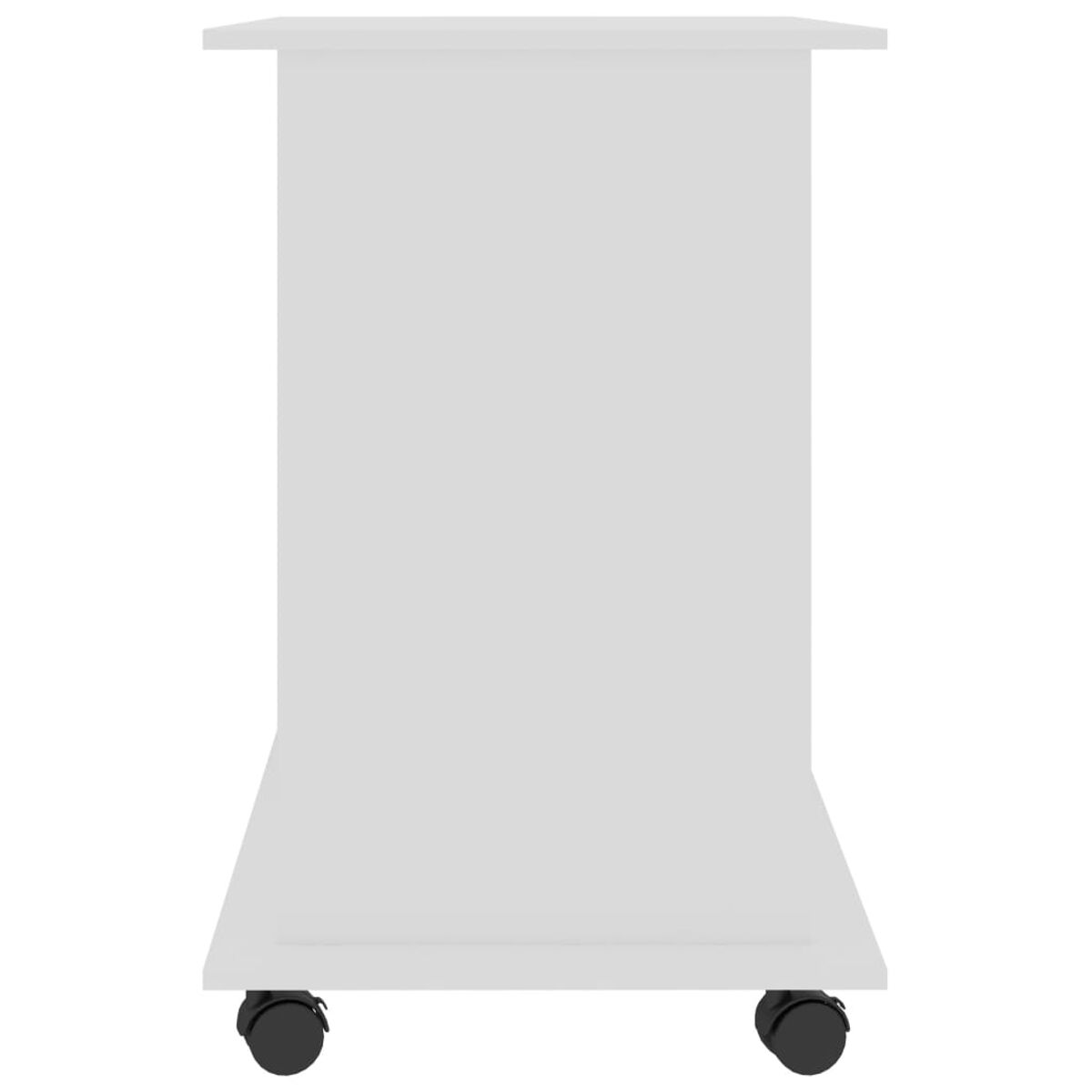 Ein weißer Beistelltisch auf Rädern. Der Tisch ist einfach und hat eine ebene Fläche. Der Hintergrund ist weiß.