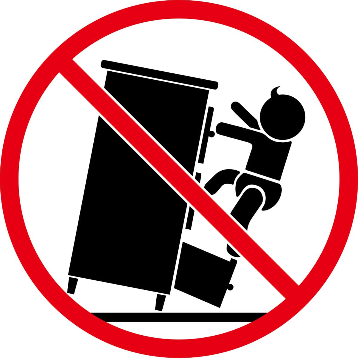 Kein Kippen von Möbeln-Schild. Ein umkippender Schrank mit kletterndem Baby.