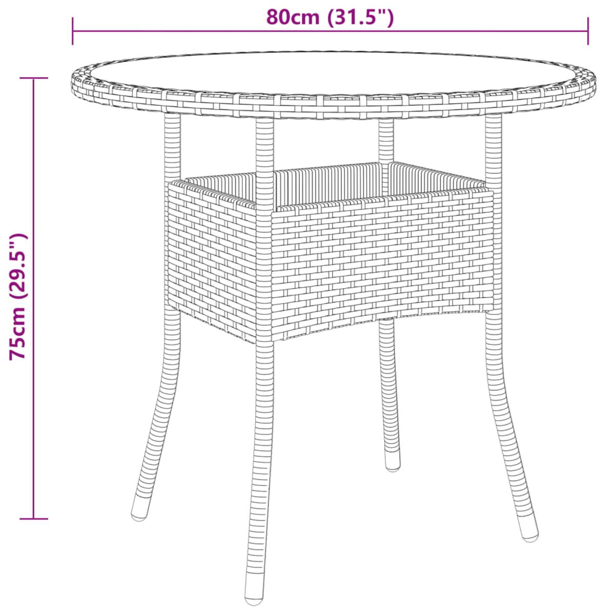 Strichzeichnung eines runden Tisches mit gewebter Korbbasis, 75 cm hoch und 80 cm breit.
