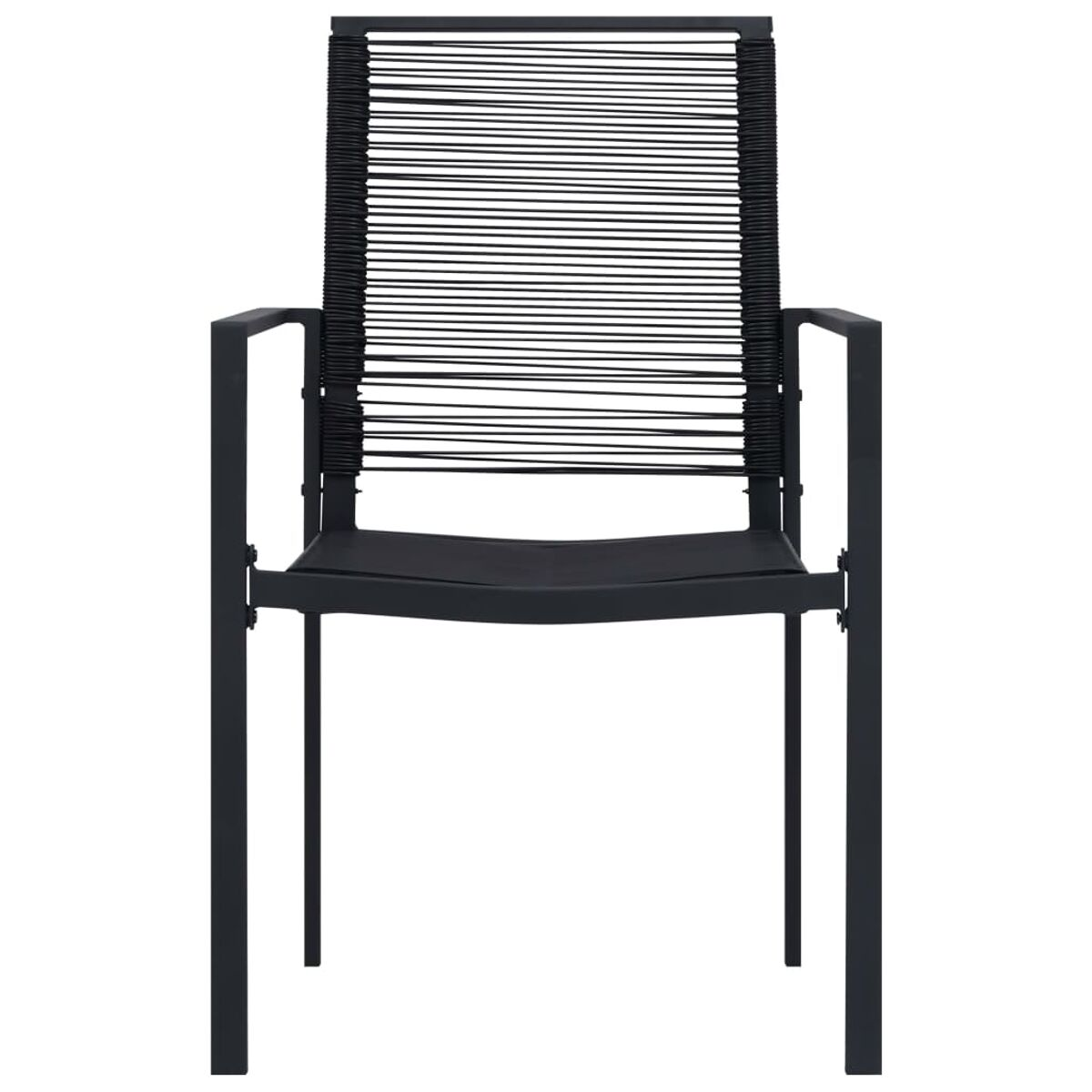 Schwarzer Stuhl mit Seil Sitz und Rücken. Metallrahmen. Modernes Design. Klare Linien und minimalistische Ästhetik.