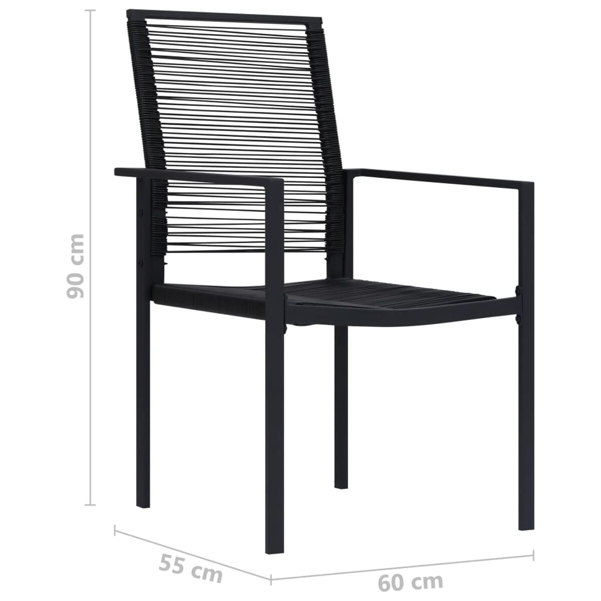 Schwarzer Stuhl für draußen mit Maßen: 90 cm hoch, 55 cm breit, 60 cm tief.