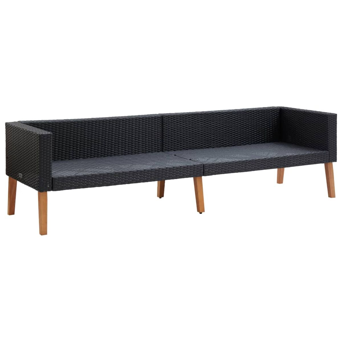 Schwarzes, gewebtes Outdoor-Sofa mit Holzbeinen.