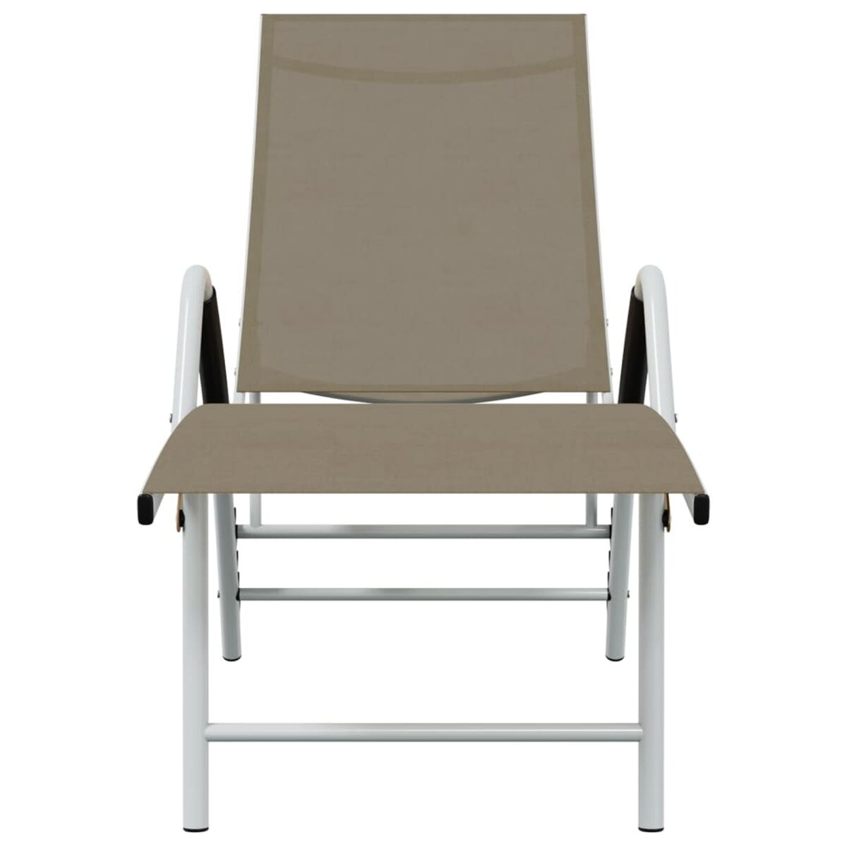 Outdoor-Liegestuhl. Taupefarbener Stoff Sitz und Rücken, weißes Gestell. Weißer Hintergrund.