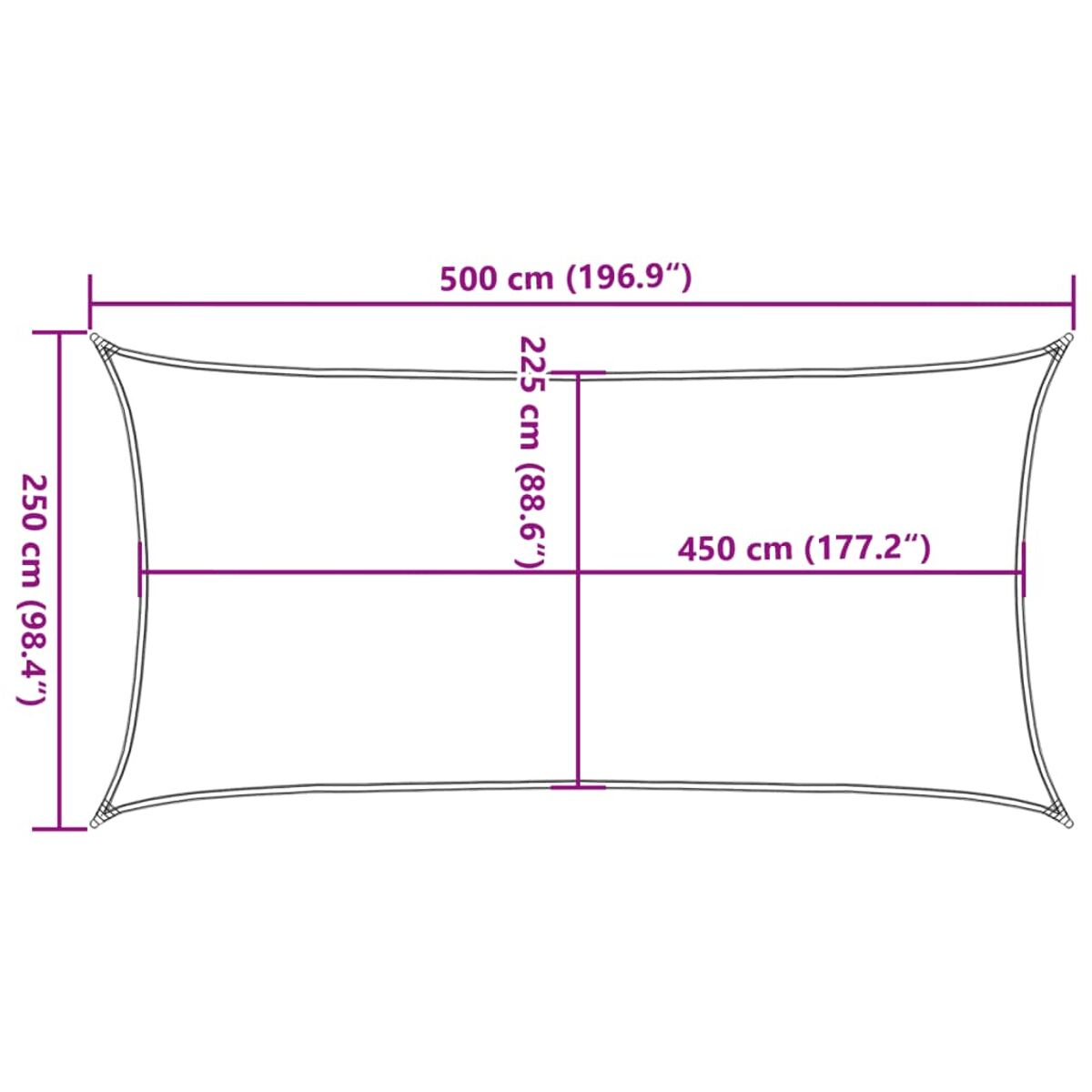 Diagramma di una tenda da sole rettangolare con dimensioni in cm e pollici.